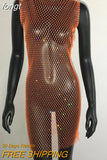 Sale Fishnet Bling Crystal Diamonds Dress Grid Sleeveless O Neck Sexy See Through Women Skinny Mini Dresses Night