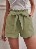 Fongt 2025 Summer Women's Loose Flax Leisure Shorts Pocket Solid Colored High-Rise Broad Legs