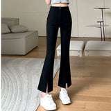 Fongt Fork Bell Bottom Pants Female Autumn High Waist Show Thin Feeling Slightly La Pants Black Casual Mop Small Suit Pants-Outfit