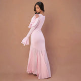 Pink Long Sleeve Ruffle Flare Maxi Dress-Outfit
