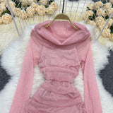 Spring Autumn Sexy One-Word Collar Long Sleeve Drawstring Pleated Dress Female Flash Mesh Slim Wrap Buttock Skirt-Outfit