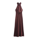 Fongt New Women's Fashion Hanging Neck Collar Silk Tatami Long Dress