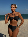 2025 New Solid Color Thoracic High-Waist Metal Flowering Accessories Swimsuit Swimsuit
