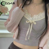Sweet Lace Stitched Crop Top Cute Bandage Bow Patchwork Sleeveless Strap Tops Women Casual y2k Summer Camis Ladies Basic-Outfit