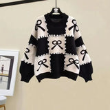 Bow Checkered Patchwork Sweater-Outfit