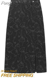 Spring Women's Irregular Long Denim Skirts Chic Print Korean Style Vintage Gothic Fashion High Waist Slim Jeans Split