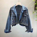 Autumn Women Harajuku Red Denim Jacket Coat Hand Beaded Short Black Jean Jackets Students Basic Coats Jaquetas