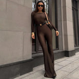 Fongt Women's Clothing New Temperament Solid Color Long Sleeves Sexy Bare Back Micro-Lit Jumpsuit