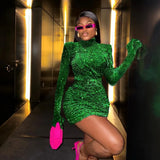 Hot Green Velvet Velvet Sleeve Small High-Neck Dress Fashion Party Show