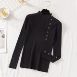 Casual Front Button Slim Knitted Sweater Long Sleeve Stand Collar Solid High Street Pullover 2021 Winter New Fashion