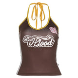 Fongt 2024 Summer Women's Street Lace Hanging Letter Print Crop Vest-Outfit