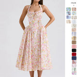 Fongt New Summer Sling Dress Fashion Print Hanging Neck Lace Dress