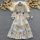 Fongt Autumn Vintage Chic Gentle Wind Broken Flower Dress Women's Standing Collar Long Dress Yang Age Reduction French First Love Dress