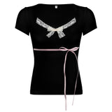 Girl Lace Bow Solid Color Short-Sleeved T-Shirt Style Stylish Casual Shirt New Style In Summer-Outfit