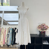 Australian Niche Design Charming Holiday Style Embroidered Sleung Sling Dress Buckled Long