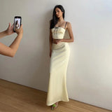 Satin Contrast Trim Bow Crop Top And Maxi Skirt Two Piece Set-Outfit