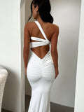 Sexy Black Maxi Dress One Shoulder Sleeveless Pleated Long Summer Dress Elegant Party Evening Porm Dresses for
