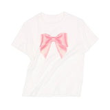 White Short Sleeve Pink Bow Tee-Outfit