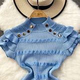 Ruffles Short Sleeve Buttons Sweater Jumpers Girls Stretchy Chic Sweaters Pullovers Tops Women Knitted Tee Shirts-Outfit