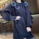 Autumn Beading Ruffles Spliced Sweatshirts Female Clothing Chic Floral Three-dimensional Decoration O-Neck Midi Pullovers-Outfit