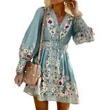 Fongt 949 Spot Fall 2023 New Women's Long Sleeve V-Neck Loose Print Bohemian Dress-Outfit