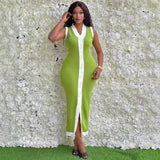 Fongt Collising Thread Single-Dlong V-Neck Sleeveless Elastic Knitted Mid-Long Dress
