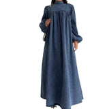 Fongt Round-Neck Solid-Colored Casual Long-Sleeved Denim Dress In Fall 2025