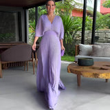 Fongt New Fall 2023 Solid Color V-Neck Bat Sleeve High-Waisted Dress-Outfit