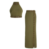 Fongt And Summer 2025 New Heavy Industry Nails Studded Neck Vest Top Open Fork Long Skirt Set Two Sets