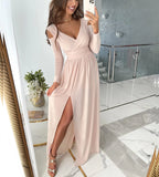 Hot Style Autumn And Winter New Long Sleeve V Collar Solid Color Hem Slit Dress Woman-Outfit