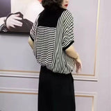 Striped Patchwork Blouse Korean Loose V-Neck Button Female Clothing Casual Short Sleeve Summer Stylish Commute Shirt-Outfit