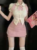 Style Hot Girls Summer Suit Striped Short-Sleeved Blouse Thin Pink Strap Short Skirt Two-Piece Set-Outfit