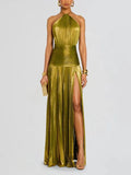 Fongt Women's Metallic Metallic Folding Fork With Hanging Neck Dress Sleeveless Back 8155