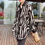 Turn-down Collar Zebra Blouse Spring Autumn Commute Single-breasted Women's Clothing Chic Diamonds Commute Loose Shirt-Outfit