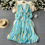 Fongt Temperament Elegant Dress Women's High-End Lantern Sleeves To Close The Waist Thin V-Neck Print Lotus Leaf Side Dress