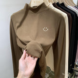 Solid Color Embroidered Half-High Collar Bottomed Blouse In Autumn And Winter German Velvet Temperament Black Long-Sleeved