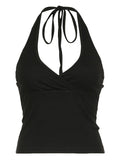 Ruched Plunge Halter Top-Outfit