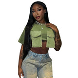 Fongt Women's Summer New Fashion Wear Round Neck Short Sleeves Pocket Ultra-Short T-Shirt