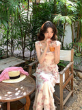 Fongt Xixi 2025 Spring And Summer New Korean Version Of High-Rise Sling Dress Print Pure Desire Holiday Dress 88195