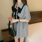 Lady Patchwork Striped Loose Blouse Female Clothing Stylish Shirring Single-breasted Summer Korean All-match Midi Shirt-Outfit