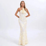 2024 Explosion Women's Temperament Hanging Neck Dress Flower Decoration Hot
