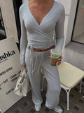Solid Wrap Around Top And Drawstring Pants Set-Outfit