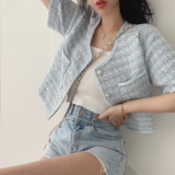 Chic O-neck Double Pockets Coat Women Summer Pearl Button Breasted Jackets Loose Short Sleeve Tweed Jacket-Outfit