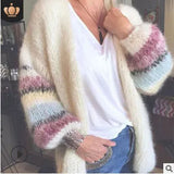 Fongt New Sweater Striped Mare Hairy Open Shirt Autumn And Winter Knitted Long-Sleeved Coat Women's