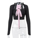 Fongt Winter New Ins Pure Desire Hot Girl Lace With Long Sleeve Top Lace Splicing Package Buttock Skirt Suit