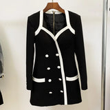 STREET Newest 2022 Designer Dress Women's Extra Shoulder Square Collar Long Sleeve Double Breasted Color Block Mini