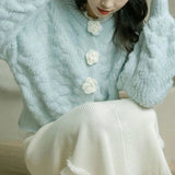 Blue Knitted Rose Buttoned Cardigan-Outfit