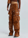 Fongt Cargo Pants Fall 2024 New Personality Splicing Loose PU Leather Pants Casual Wide-Leg Pants Women-Outfit