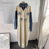 Fongt 2025 New Cowboy Splicing Knitted Two-Piece Collar Dress Flower Nails Decorated Long Dress Woman