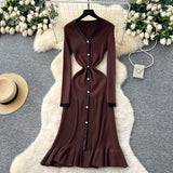 Fongt Small-Sized Famous Woman Hit The Color V-Neck Long Sleeve Single Buckle Waist Knitted Dress Women With Fish Tail